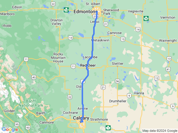 Map of Edmonton to Calgary