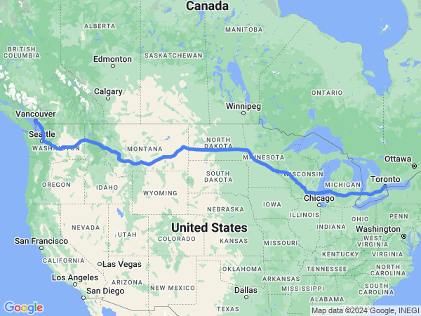 Map of Vancouver to Toronto