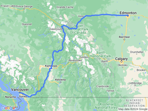 Map of Vancouver to Edmonton