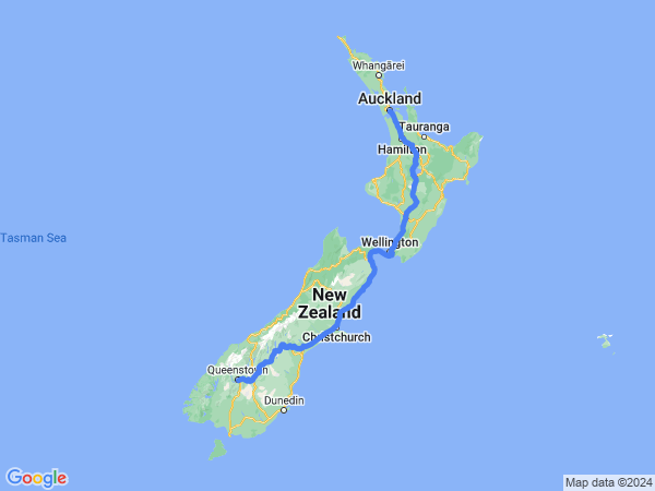Map of Queenstown to Auckland
