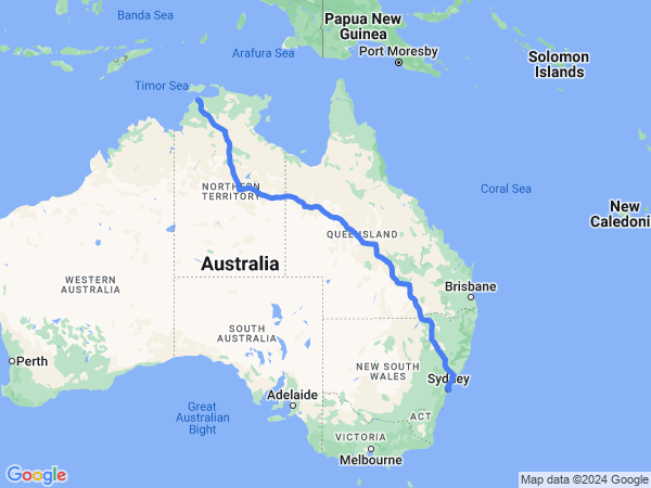 Map of Sydney to Darwin