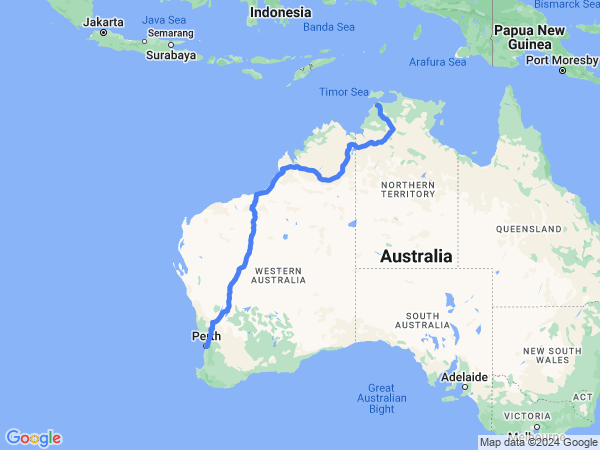 Map of Darwin to Perth