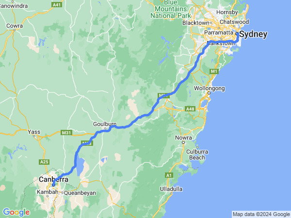 Map of Sydney to Canberra