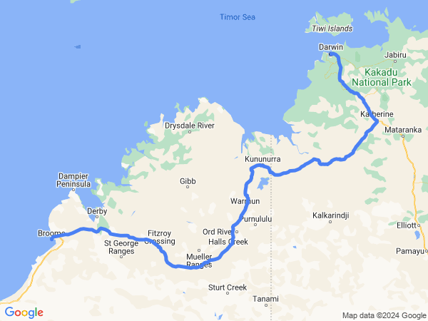 Map of Broome to Darwin
