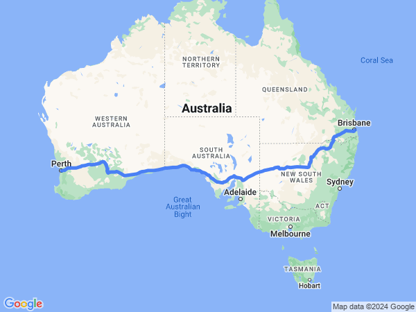 Map of Brisbane to Perth