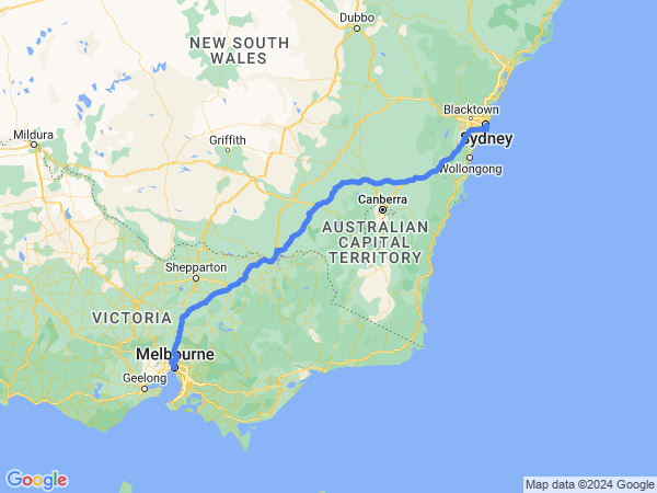 Map of Sydney to Melbourne