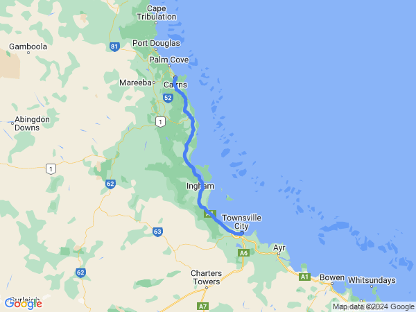 Map of Cairns to Townsville