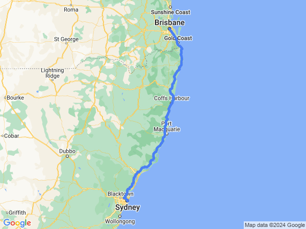 Map of Brisbane to Sydney