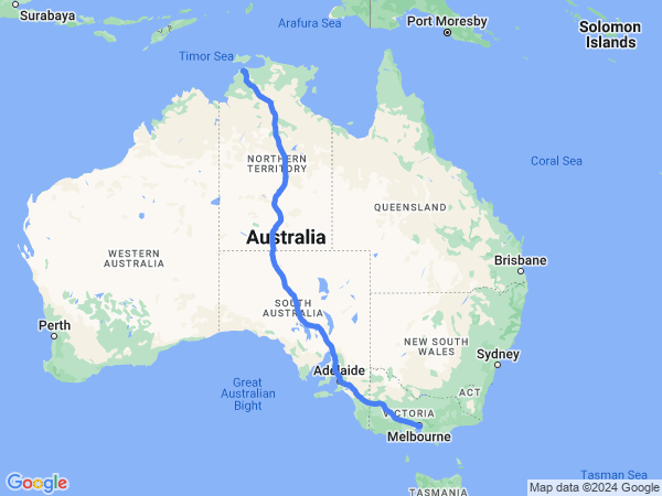 Map of Darwin to Melbourne
