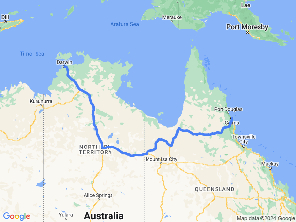 Map of Cairns to Darwin