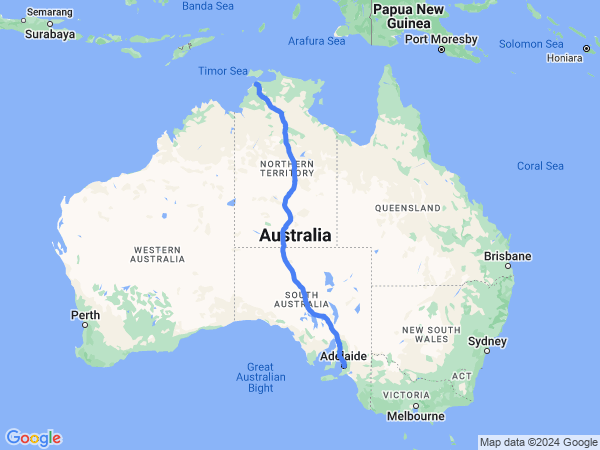 Map of Darwin to Adelaide