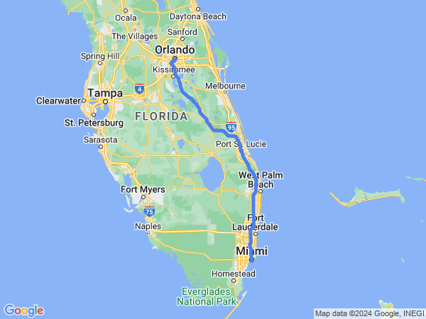 Map of Orlando to Miami