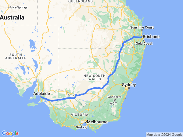 Map of Adelaide to Brisbane