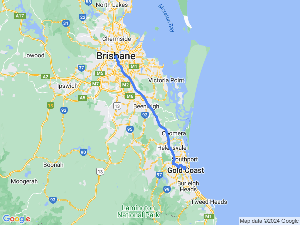 Map of Brisbane to Gold Coast