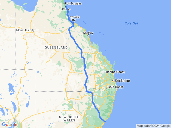 Map of Newcastle to Cairns