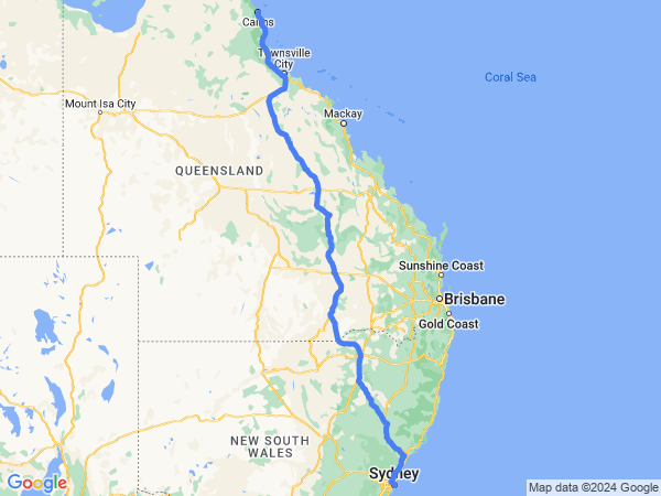 Map of Cairns to Sydney