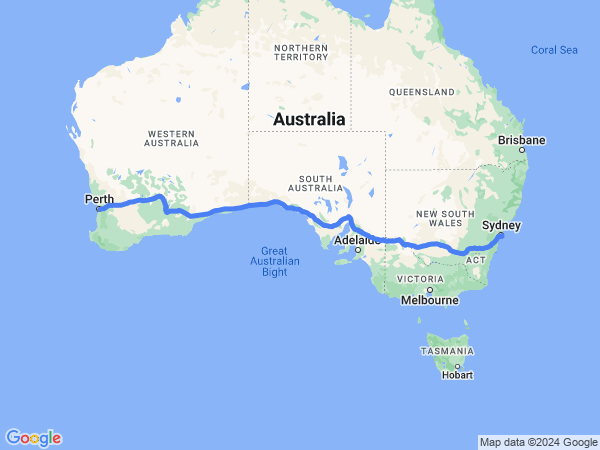 Map of Sydney to Perth