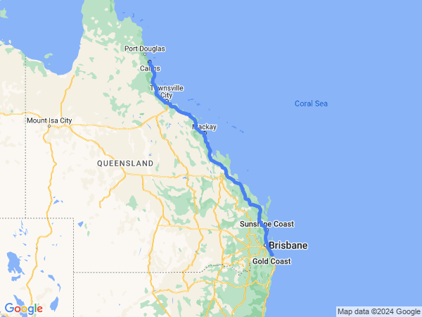 Map of Gold Coast to Cairns