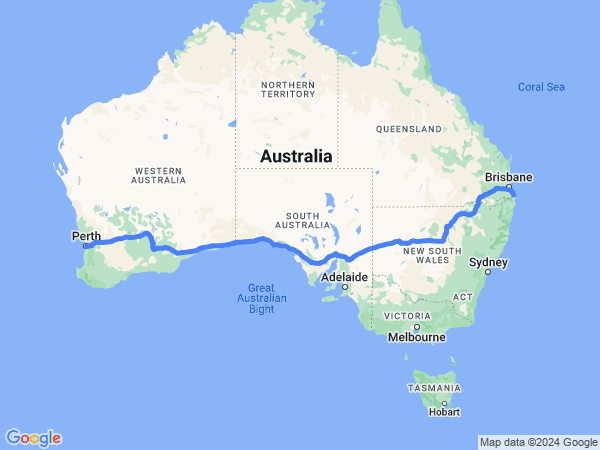 Map of Gold Coast to Perth