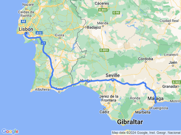 Map of Malaga to Lisbon