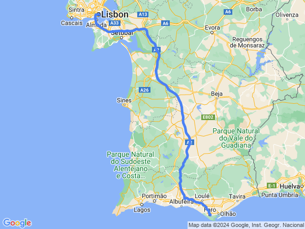 Map of Faro to Lisbon