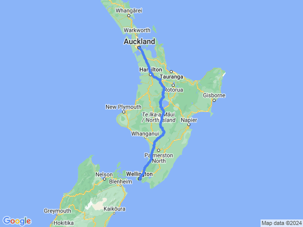 Map of Wellington to Auckland