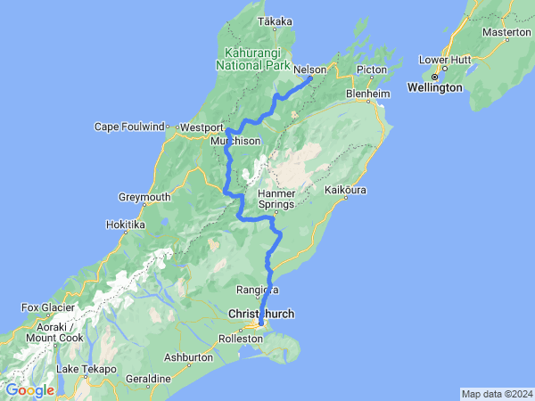 Map of Christchurch to Nelson