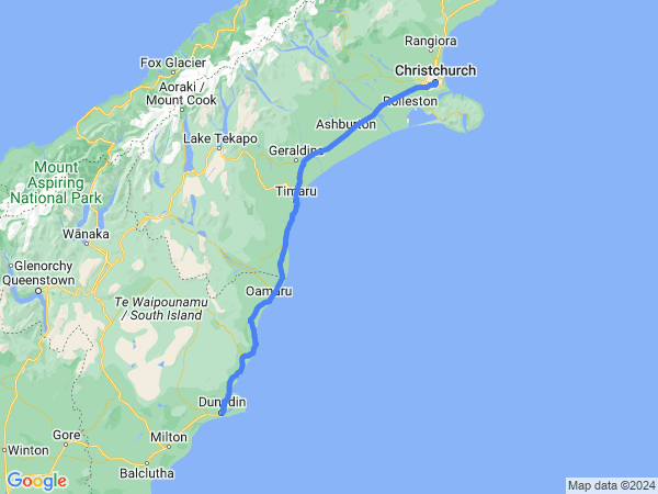 Map of Christchurch to Dunedin