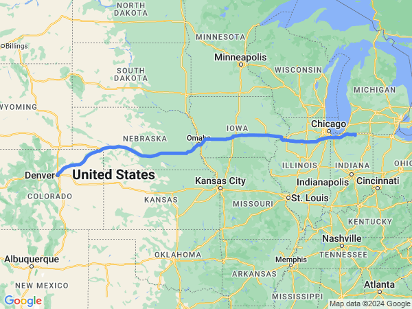Map of Elkhart to Denver