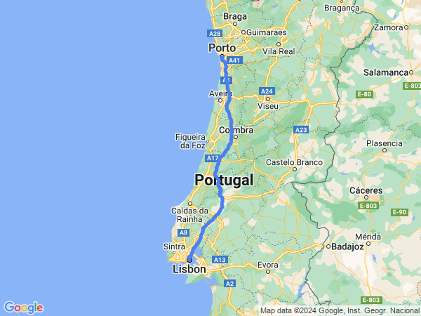 Map of Lisbon to Porto