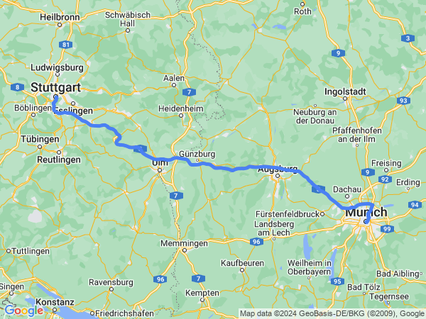 Map of Munich to Stuttgart