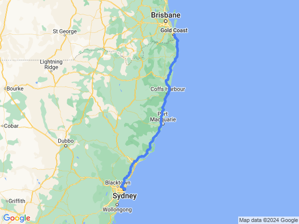 Map of Gold Coast to Sydney