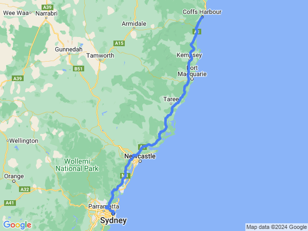 Map of Coffs Harbour to Sydney