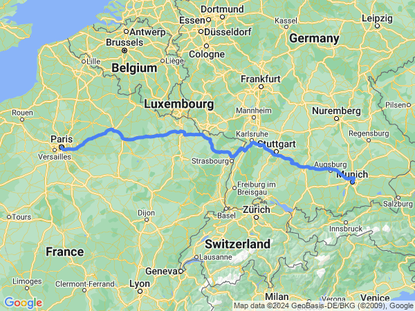 Map of Paris to Munich