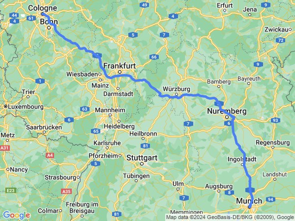 Map of Munich to Cologne
