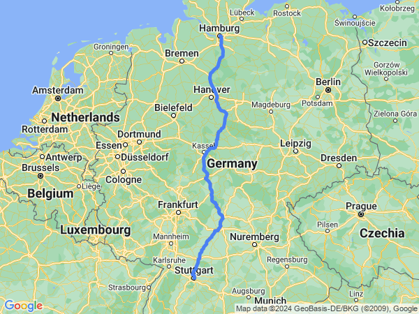 Map of Stuttgart to Hamburg