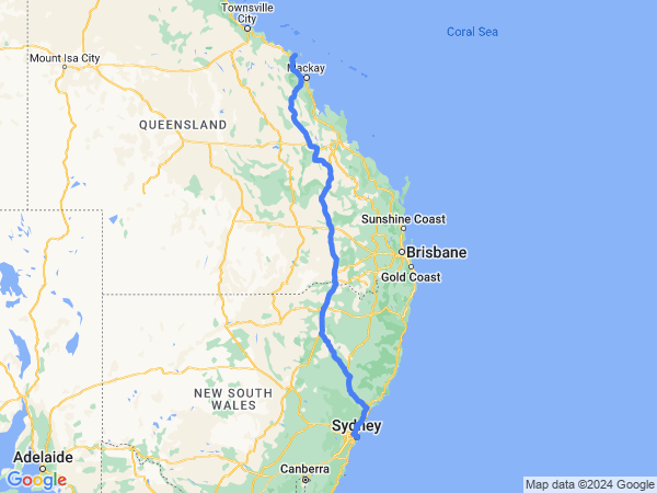 Map of Airlie Beach to Sydney