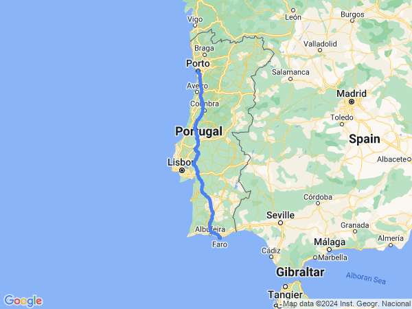 Map of Faro to Porto