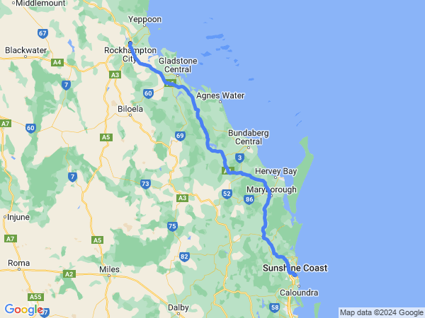Map of Rockhampton to Sunshine Coast