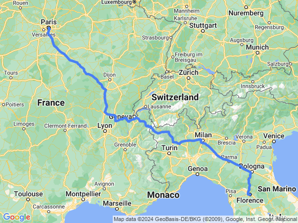 Map of Paris to Florence