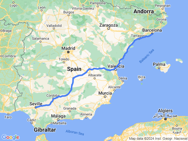 Map of Seville to Barcelona