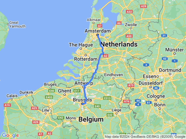 Map of Brussels to Amsterdam