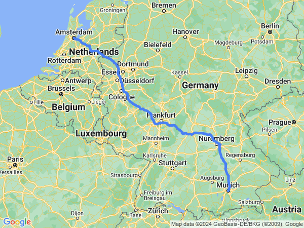 Map of Munich to Amsterdam