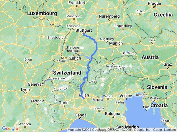 Map of Milan to Stuttgart