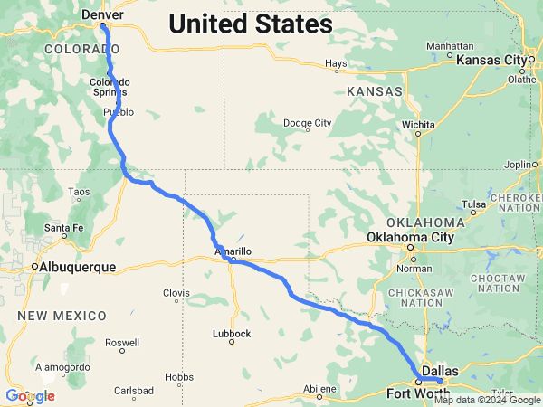 Map of Denver to Dallas