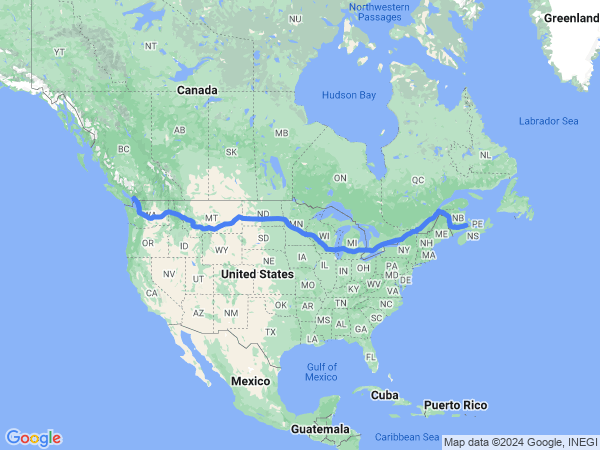Map of Vancouver to Moncton
