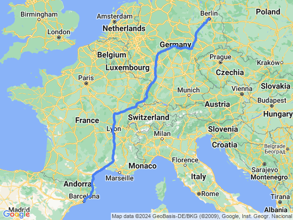 Map of Berlin to Barcelona
