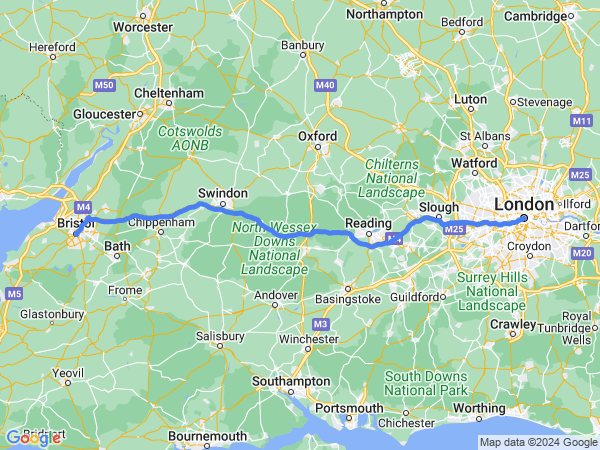 Map of London to Bristol