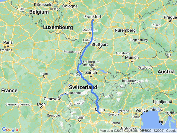 Map of Milan to Frankfurt