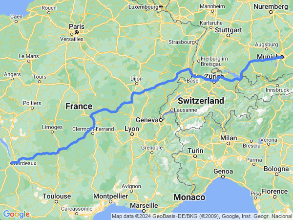 Map of Munich to Bordeaux